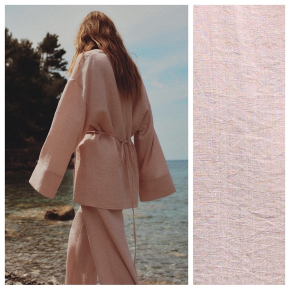 NWT. Zara Chalk Pink Viscose Blend Textured V-Neck Wrap Kimono. Size M-L. - Picture 5 of 13